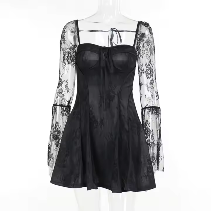 Otoño nuevo temperamento moda delgada cuerno de encaje correa de manga larga Un vestido de péndulo JY23518PF - 1