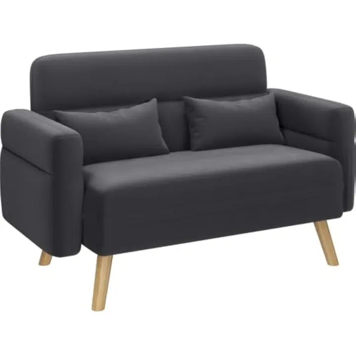 Sofá de 2 plazas tapizado en tela moderno con patas de madera pequeño de 116.5X73.5 cm con 2 cojines lumbares para salón capacidad máxima 158 kg gris oscuro. - 1