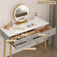 Tocador Maquillaje con Espejo de Luz Regulable en 3 Niveles, Tocador con 3 Cajones, Escritorio Grande 100x40 cm, Silla Ajustable en Respaldo de Terciopelo, Blanco+Crema+Dorado, MB6105ws - details 21