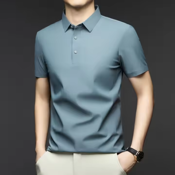 Polo de Cuello Redondo de Alta Calidad para Hombres Camiseta de Manga Corta de Moda Empresarial Transpirable de Color Sólido - 1