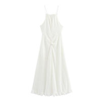 OUWU- 2025 Vestido largo blanco con cordones y tirantes con lazo, textura hueca hacia afuera, para mujer, con abertura en el cuello, volantes y dobladillo, vestido ajustado tipo bata para vacaciones. - details 0