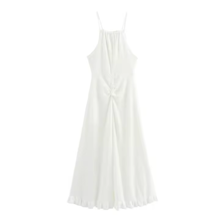 OUWU- 2025 Vestido largo blanco con cordones y tirantes con lazo, textura hueca hacia afuera, para mujer, con abertura en el cuello, volantes y dobladillo, vestido ajustado tipo bata para vacaciones. - 1