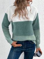 Elegant Three-color Patchwork Sweater Women Daily Commuter Casual Loose Jumpers Female Autumn Winter Knitted Thickened Warm Tops - details 14