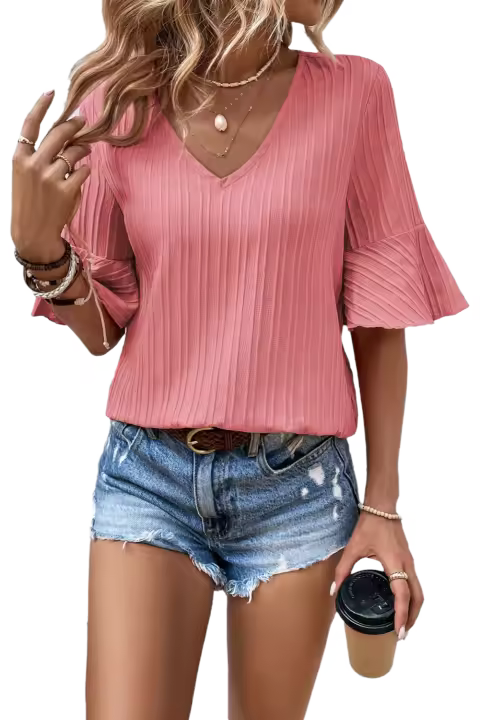 Elrachen Top texturizado con cuello en V y media manga con volantes de flor de melocotón para mujer, flor de melocotón, tallas S-XL - 1