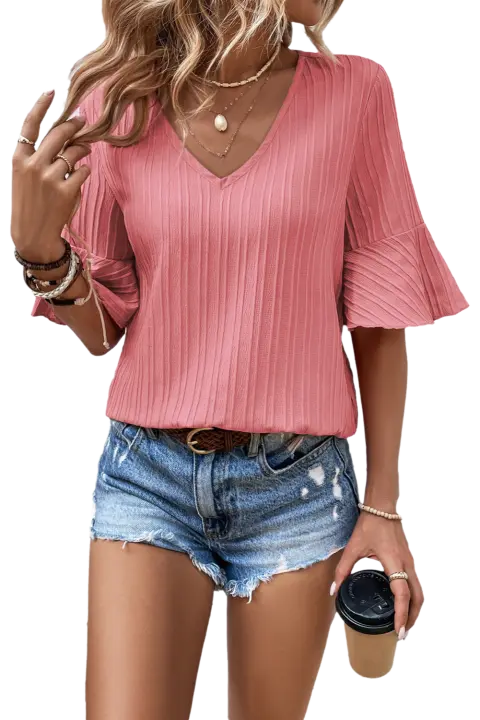 Elrachen Top texturizado con cuello en V y media manga con volantes de flor de melocotón para mujer, flor de melocotón, tallas S-XL - 1