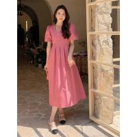 Vestido rosa elegante de verano a la moda con cuello cuadrado y manga abombada, Vestidos femeninos con volantes, vestido de fiesta de cintura alta de Corea, Vestidos para mujer - details 4