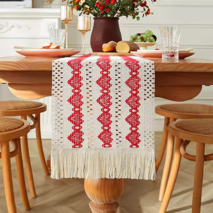 Mantel de Algodón y Lino Tejido con Borlas Estilo Rústico Natural para Comedor o Mesa de Centro - 1
