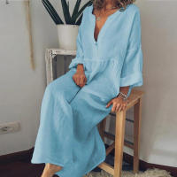 Vestido largo de lino y algodón para mujer, prenda informal de manga corta, Color puro, Y2K, 2024 - details 2