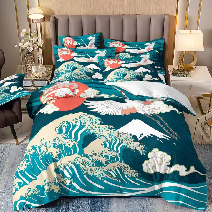 Juego de Cubierta de Edredón de Estilo Ukiyo-e Ondas Material de Poliéster Tamaño Cama Twin King - 1