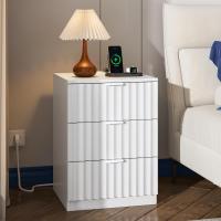Mesitas de Noche con luces LED y Estación de Carga (2 Tomas AC, 2 Puertos USB) Mesita de Noche Blanca Mesas Auxiliares con 1 compartimento abierto y 2 cajones para Dormitorio Salón - details 34