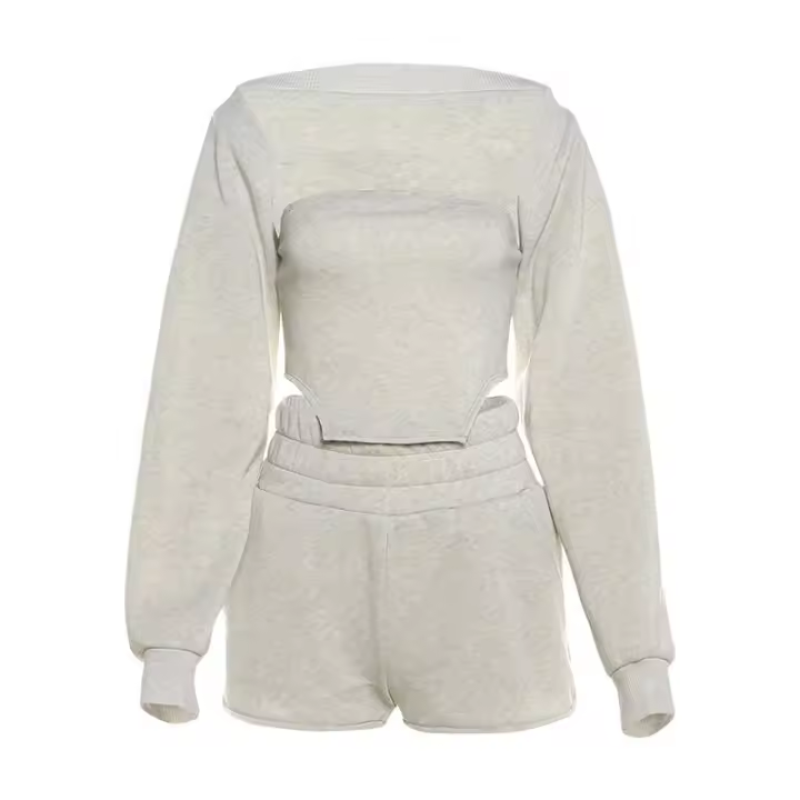 BUNO-Conjunto básico conciso de 3 piezas para Mujer, camisetas sin mangas envueltas en el pecho Hipster, Tops cortos de manga larga y pantalones cortos de cintura elástica, chándales para Mujer - 1