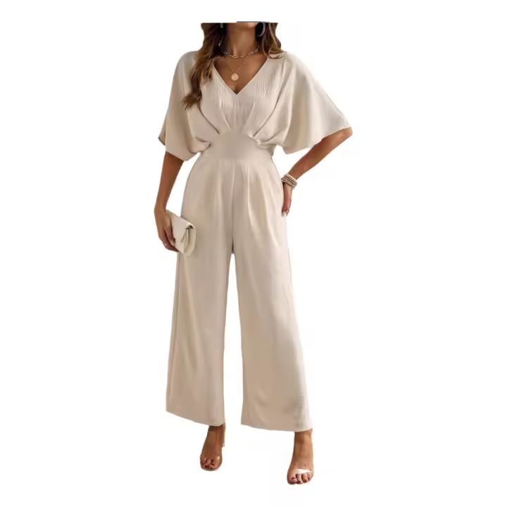 Monos de verano de manga corta para mujer, vestido de cintura alta con cuello en V y pantalones, color rojo burdeos - 1