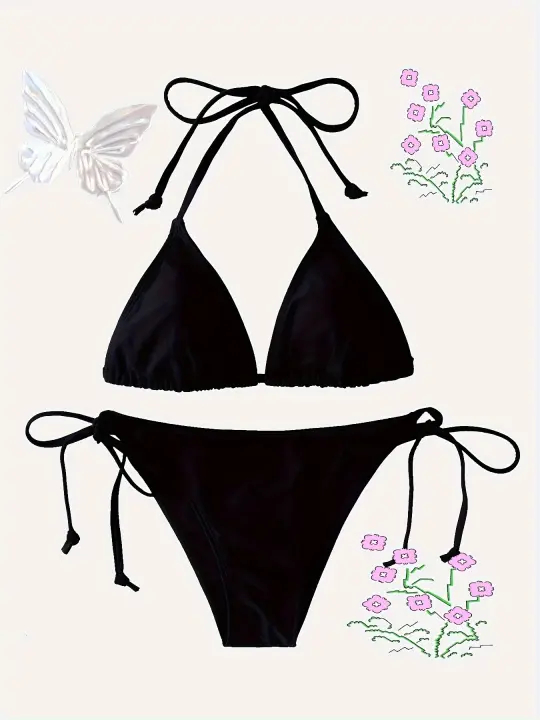 Conjunto de bikini de 2 piezas con triángulo liso, tirantes halter y espalda descubierta, trajes de baño, ropa de baño y ropa para mujer - 1