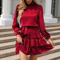 Vestido Satén con Cinturón Rojo Volantes Manga Larga, Elegante y Sensual para Mujer - details 3
