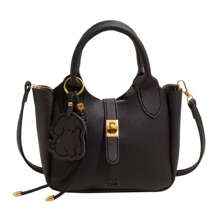 Bolso de mano informal elegante con forma de cubo cruzado inclinado, bolso de mano con colgante de cachorro bonito para mujer, bolso de hombro de piel sintética de alta gama con patrón de lichi para uso diario - 1