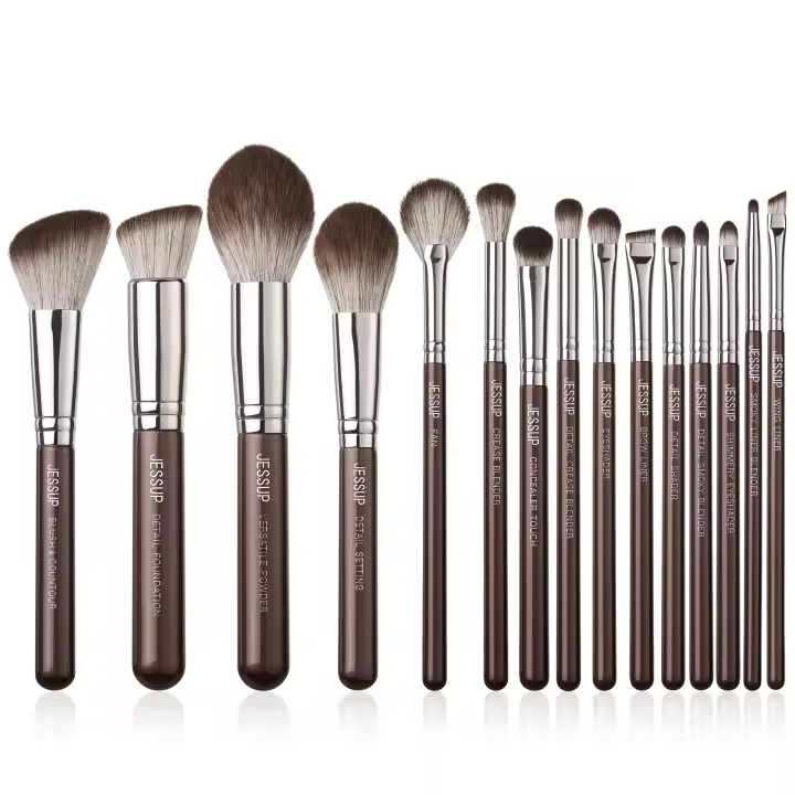 Jessup-Juego de brochas de maquillaje profesional, 15 piezas, sombra de ojos, corrector vegano, delineador de cejas, brocha de mezcla marrón, T499 - 1