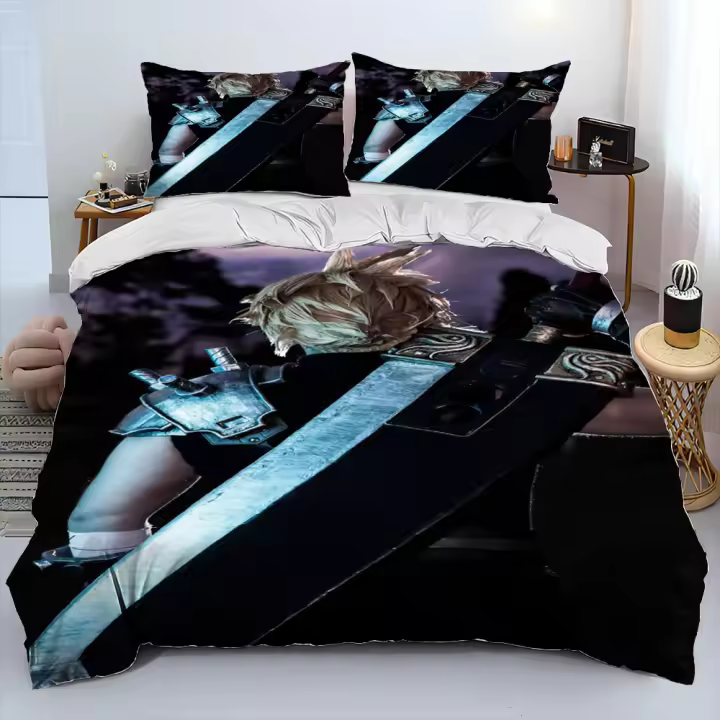 Juego de cama de dibujos animados de la Serie Final Fantasy, edredón, funda de edredón, funda de almohada, tamaño king y Queen - 1