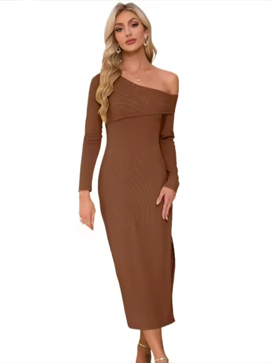 Vestido de punto con hombros abiertos para mujer, vestido elegante con abertura, color sólido, ajustado, manga larga - 1
