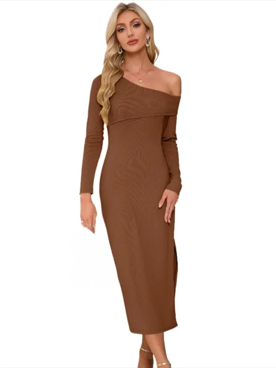 Vestido de punto con hombros abiertos para mujer, vestido elegante con abertura, color sólido, ajustado, manga larga - 1