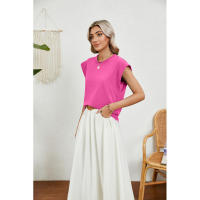 BUNO-2025 Tops para mujer, pantalón corto informal de moda de verano, camisetas básicas con textura a rayas de Color sólido y cuello redondo - details 58