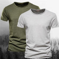 Camiseta de algodón de bambú de color sólido de manga corta con cuello redondo de verano de 2 piezas para hombre, ropa de hombre europea y americana de algodón puro - details 2