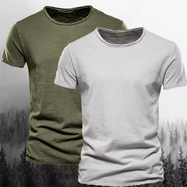 Camiseta de Algodón de Bambú de Color Sólido Manga Corta, Cuello Redondo, Ropa de Verano para Hombres, Puro Algodón Europeo y Americano - 1