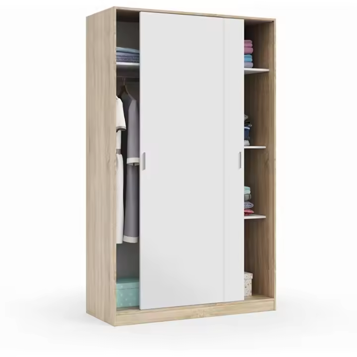 Armario 2 Puertas Correderas y Estantes, para Dormitorio o Habitación, Acabado en Blanco Artik y Roble Canadiense, Medidas: 120 cm (Largo) x 200 cm (Alto) x 50 cm (Fondo) - 1