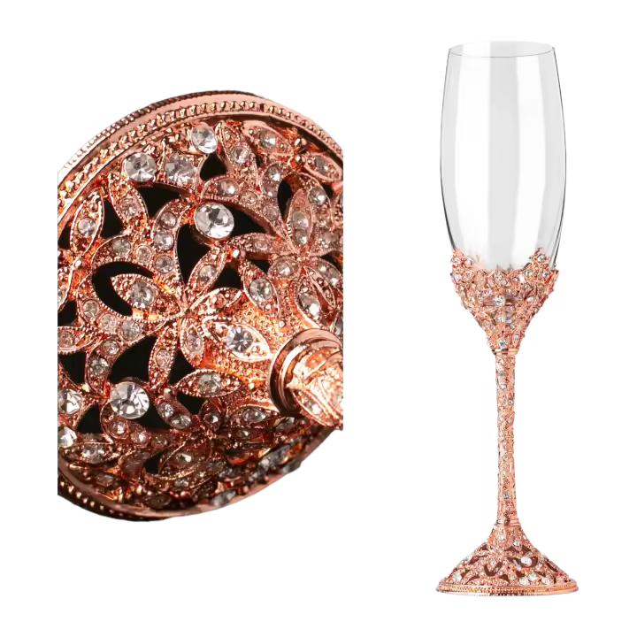 Par de Copas de Tostado de Cristal Base de Metal y Piedras Preciosas Ideal para Bodas, Fiestas de Aniversario, Banquetes y Regalos - 1