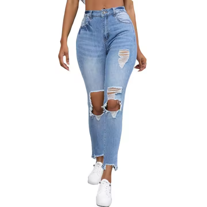 Pantalones vaqueros de mezclilla de color claro de nueve puntos de cintura alta con rasgaduras de moda elástica de cintura alta. - 1