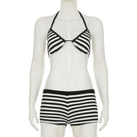 Conjunto de dos piezas de bikini a rayas sexy estilo vacacional americano Lianlianbuwang, top halter y shorts para chica atractiva - details 15