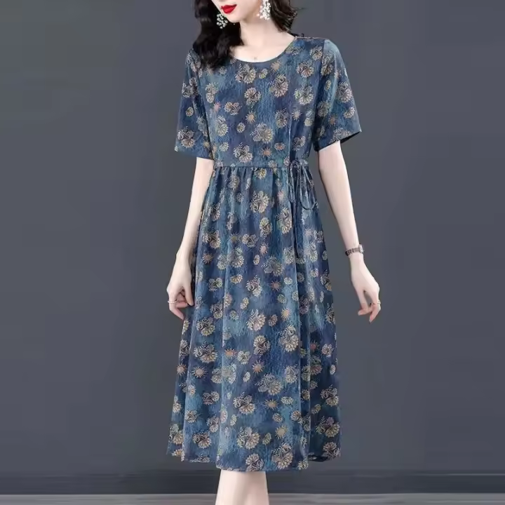 Elegante Vestido de Seda Hielo para Mujer Ajuste Suelto Largo Manga Larga Moda de Verano 2023 Estilo Floral Falda para Madre de Edad Media - 1