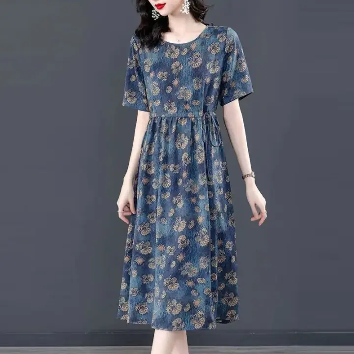Elegante Vestido de Seda Hielo para Mujer Ajuste Suelto Largo Manga Larga Moda de Verano 2023 Estilo Floral Falda para Madre de Edad Media - 1