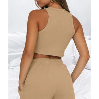 Conjunto de dos piezas de verano para mujer, chaleco sin mangas de color sólido con textura gofre y pantalones cortos casuales de moda. - details 46