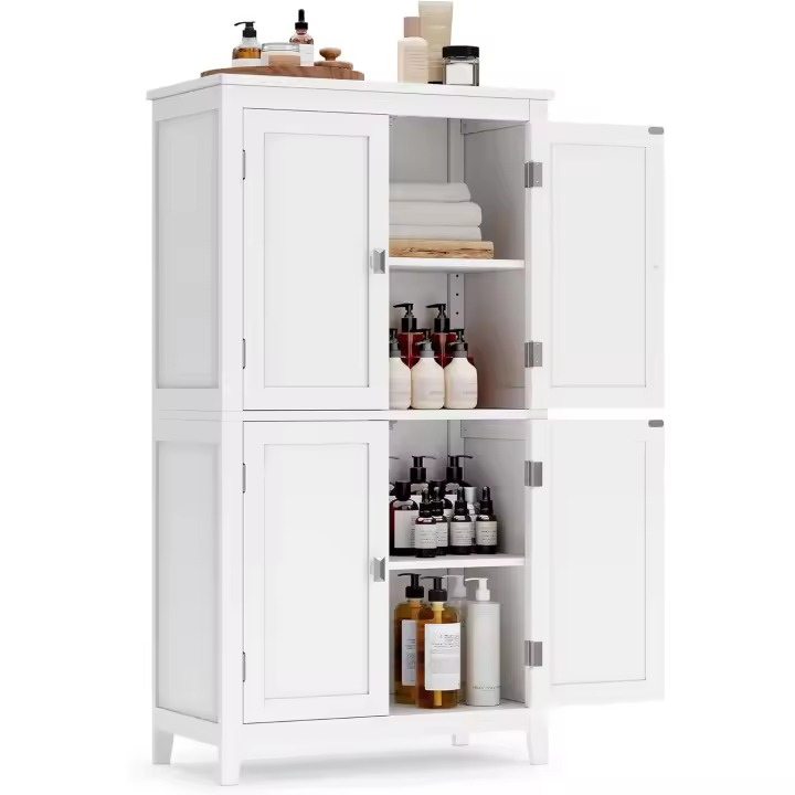 Mueble de Baño, Armario de Baño, Armario de Cocina, Armario Almacenaje con 4 Puertas, Estantes Regulables, 30 x 60 x 110 cm, Blanco - 1