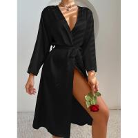 Elegante albornoz de satén para mujer, color sólido, comodidad sedosa con cinturón, ropa de dormir larga hasta la rodilla - details 8