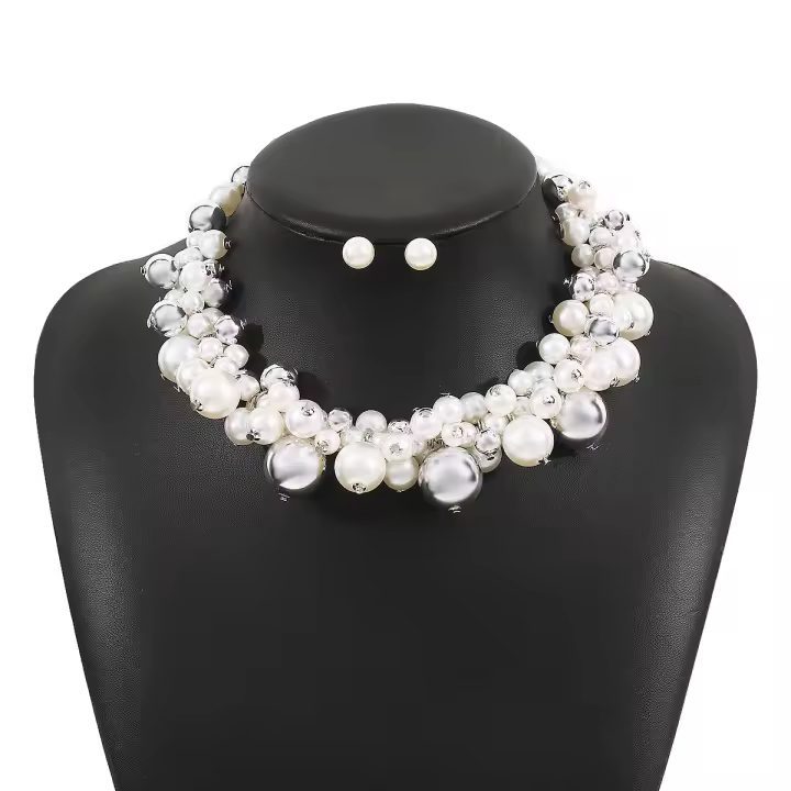 Creativo exquisito y hermoso banquete de perlas de imitación, gargantilla corta, pendientes de botón para mujer, conjunto de collar - 1