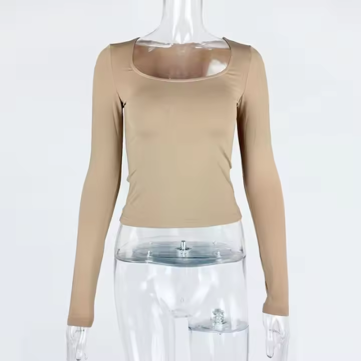 Camiseta sexy de manga larga con cuello cuadrado para mujer, tops con medias, 2025 - 1