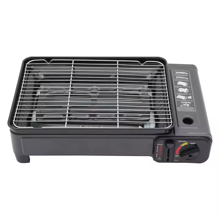 Parrilla de Gas para acampar, parrilla de mesa portátil pequeña con red de parrilla, sartén y otros accesorios, estufa de Gas butano - 1