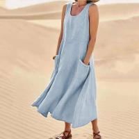 Vestido sin tirantes de lino y algodón para mujer, vestidos de colores lisos con bolsillos laterales dobles, vestido informal de verano - details 8