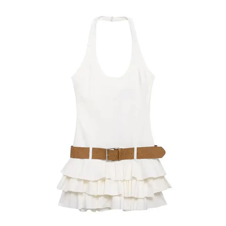 TRAFZA-Vestido corto de verano para mujer, minivestido liso sin mangas con cuello redondo, Espalda descubierta, cinturón decorativo con cremallera, estilo playero - 1