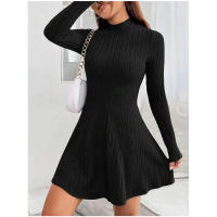 Minivestido informal de punto de invierno para mujer con mangas largas y cuello alto negro, versátil para mujeres jóvenes. - details 1