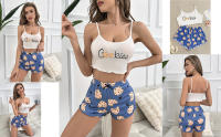 Conjunto de pijama para mujer, Tops blancos con cuello Halter y pantalones cortos azules, ropa de dormir para el hogar, traje para dormir - details 6