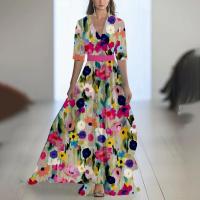 2025 Nueva ropa de mujer, vestido largo estampado con cuello con cuentas, azul - details 13