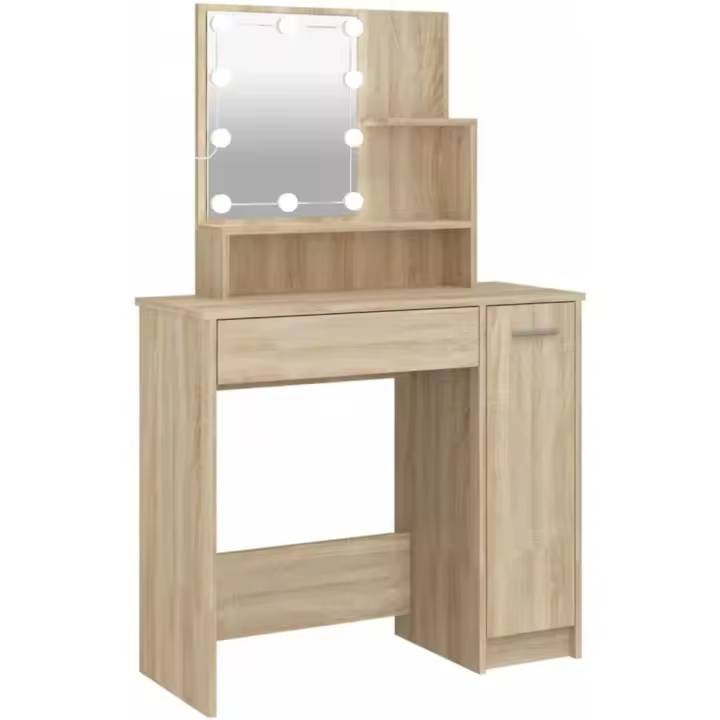 vidaXL Tocador con LED Mesa de Maquillaje Muebles con Espejo Cosmética Dormitorio Vestidor Iluminación Almacenaje Color Roble Sonoma 86,5x35x136 cm - 1