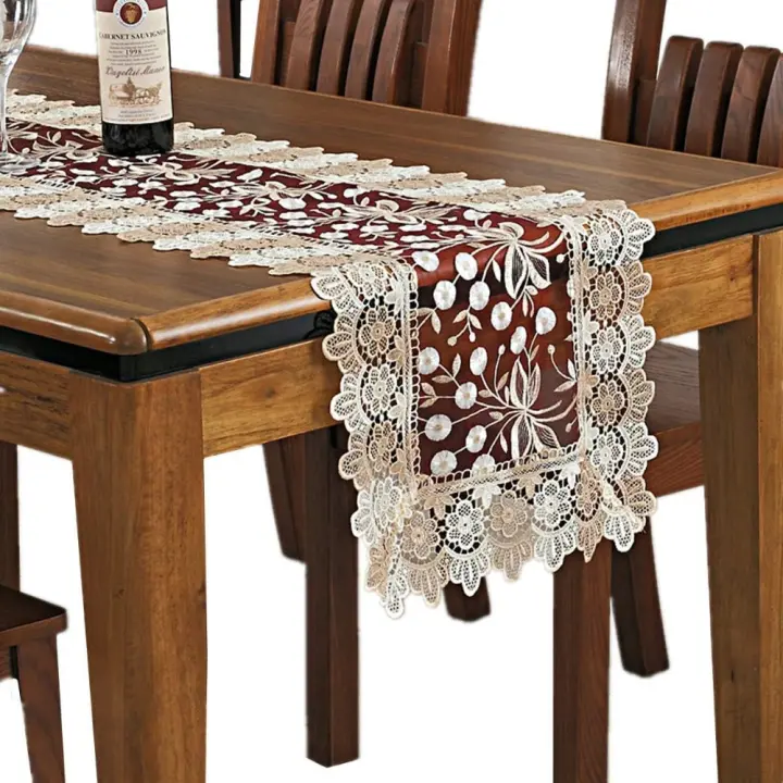 Camino de mesa de encaje floral bordado, rectangular, de poliéster, transparente, para decoración de mesa del hogar, comedor, 40,6 x 122,9 cm, color rojo - 1