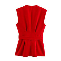 OUWU- Traje de oficina elegante para mujer, chaleco rojo, blazer con cuello en V, fajas sin mangas, blazer de cintura alta, pantalones de pierna ancha, moda 2025, conjuntos de verano - details 4