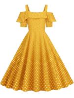 Vestido de fiesta Vintage elegante con hombros descubiertos, vestidos Midi de verano con lunares y volantes para mujer - details 40