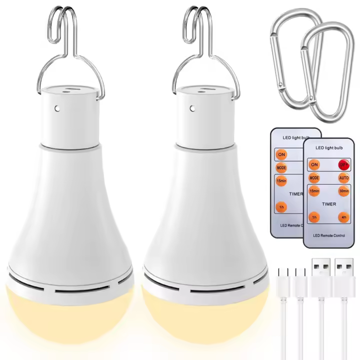 Bombilla recargable por USB con control remoto para corte de energía en el hogar, bombilla LED colgante con gancho para exteriores, paquete de 2 - 1