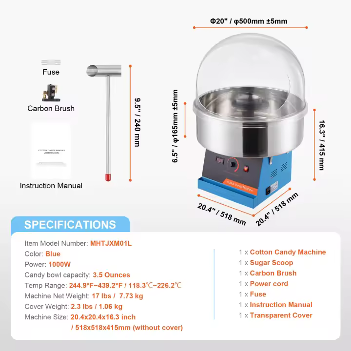SucceBuy Máquina eléctrica de algodón de azúcar, máquina para hacer algodón de azúcar con tazón de acero inoxidable, tapa, cuchara para azúcar - 1