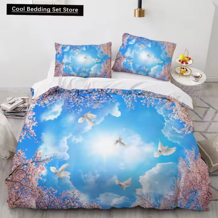 Funda de Edredón de Paisaje Natural 3D Diseño de Flores Blancas y Pájaro Volador en Cielo Azul - 1